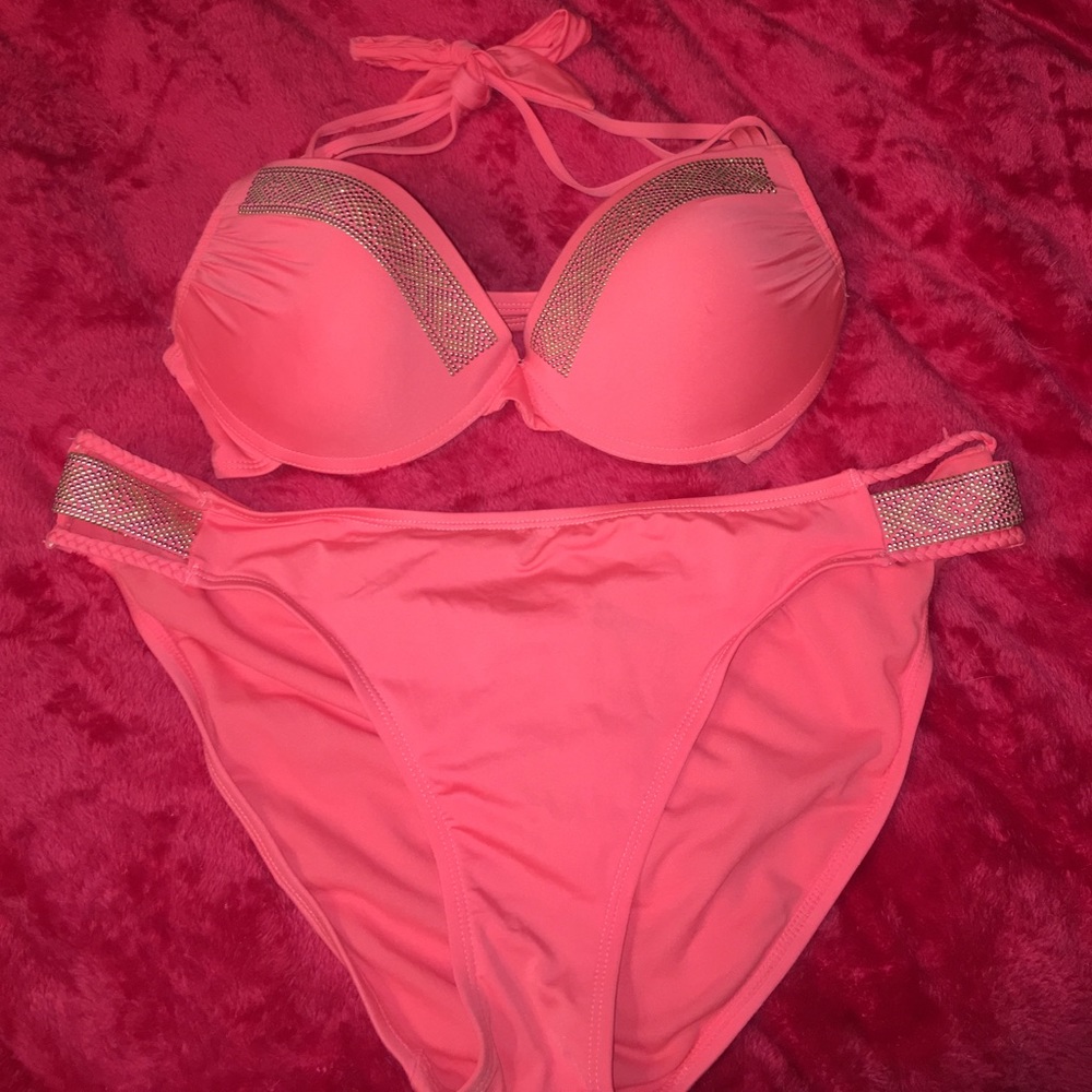 Peachy Pink/Orange Push Up Bedazzled Bikini Swim