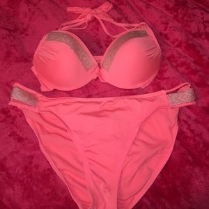 Peachy Pink/Orange Push Up Bedazzled Bikini Swim