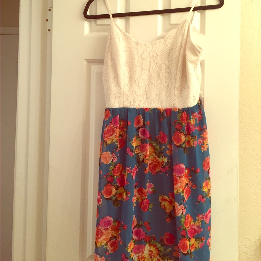 High low floral and lace fit and flare dress