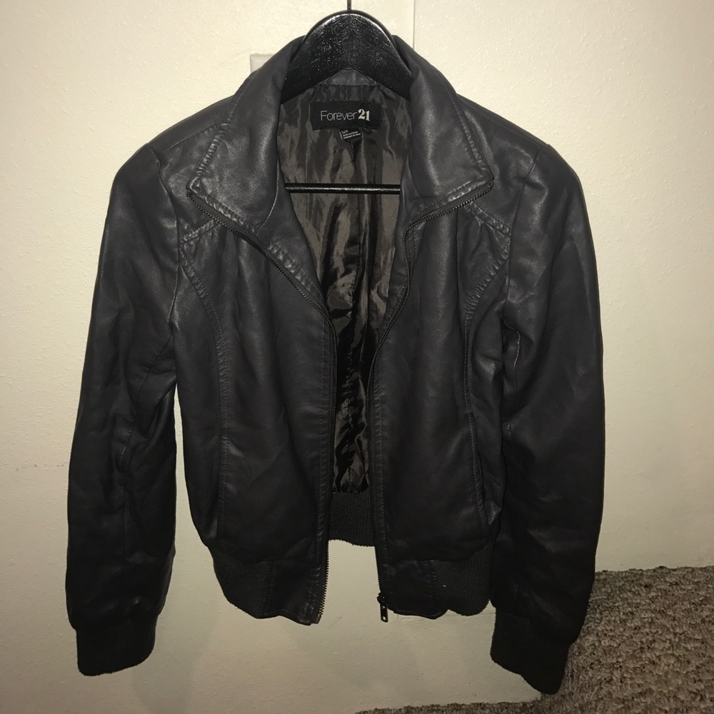 Small Forever 21 Gray Faux Leather Bomber Jacket