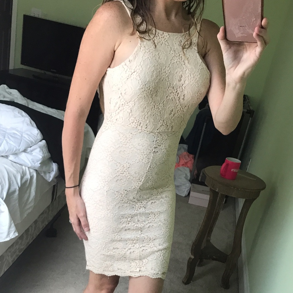 Peach lace midi dress