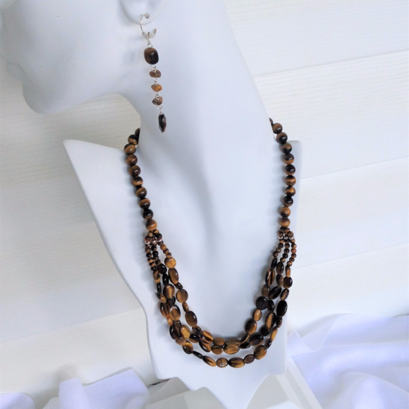 SET OF TIGER EYE 3 STRAND NECKLACE AND EARRINGS. - Picture 1 of 4