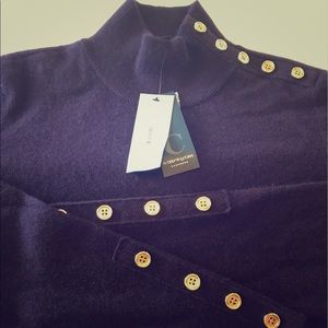 Purple cashmere sweater with gold accent buttons