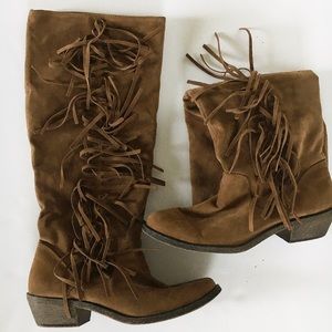 Tan faux suede fringe knee high boots