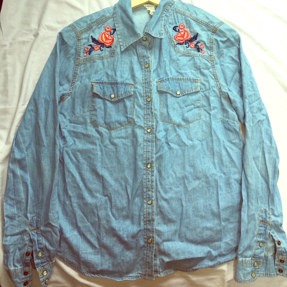 Forever 21 Denim Shirt with Red Floral Embroidery