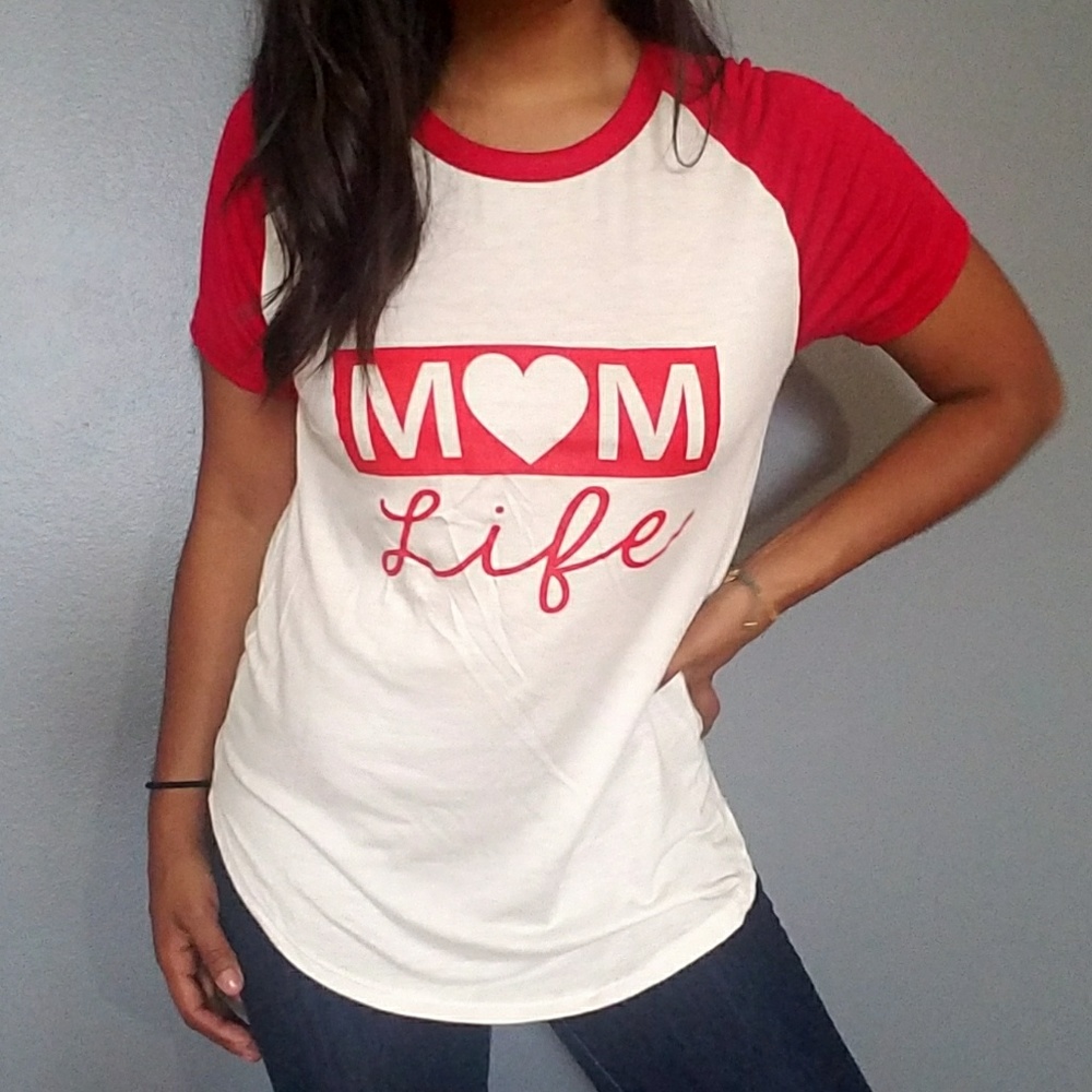 'MOM LIFE' RED WHITE GRAPHIC TEE TOP - Picture 2 of 7