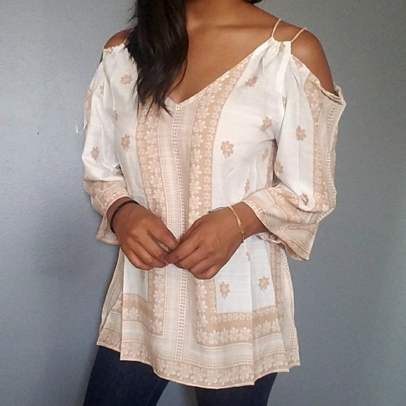 IVORY TAUPE PRINT COLD SHOULDER TOP - Picture 5 of 5
