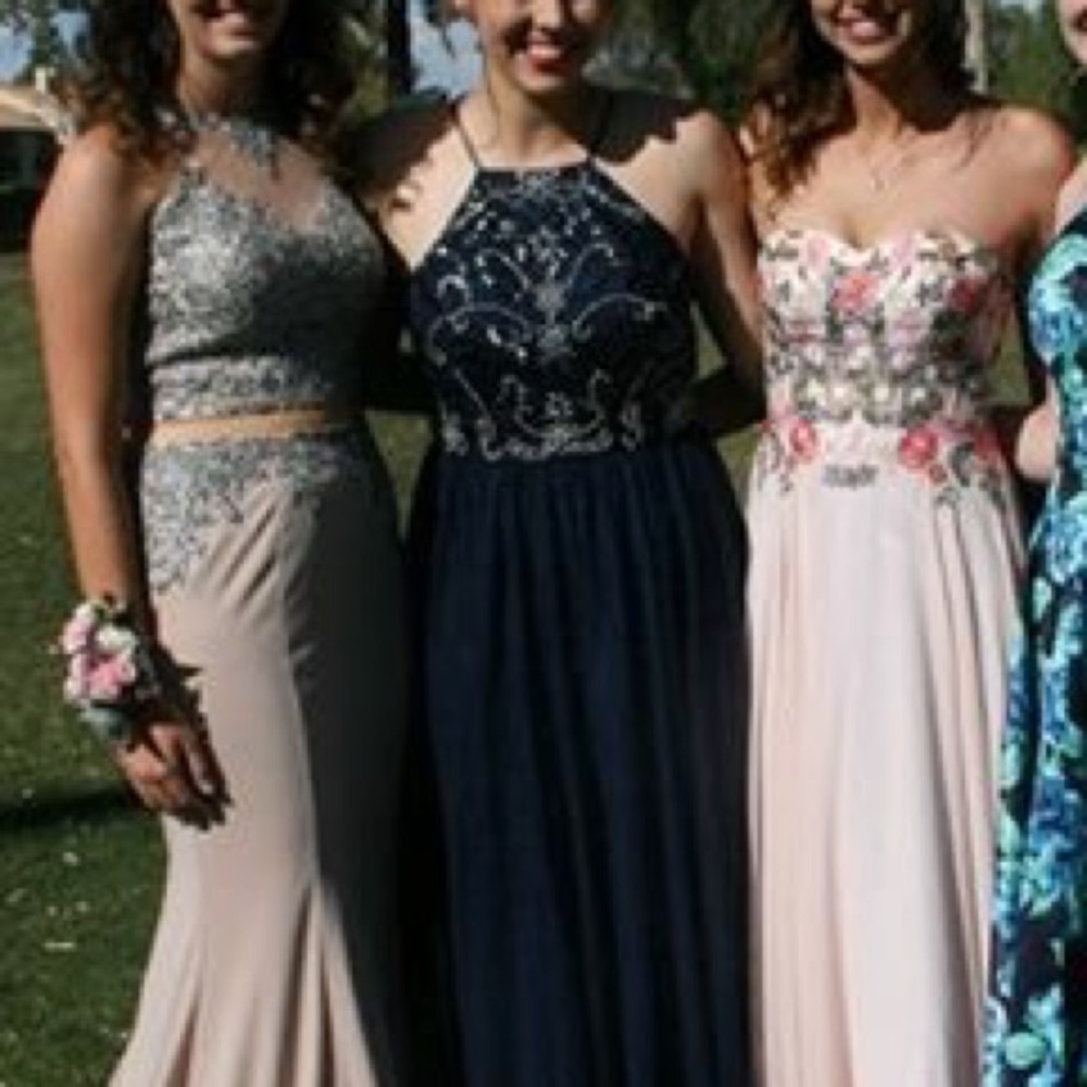 Navy Open Back Prom Dress