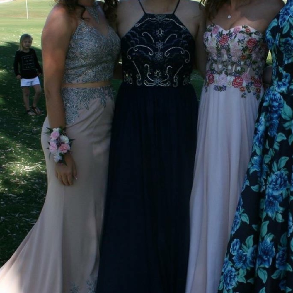 Navy Open Back Prom Dress - Picture 3 of 5