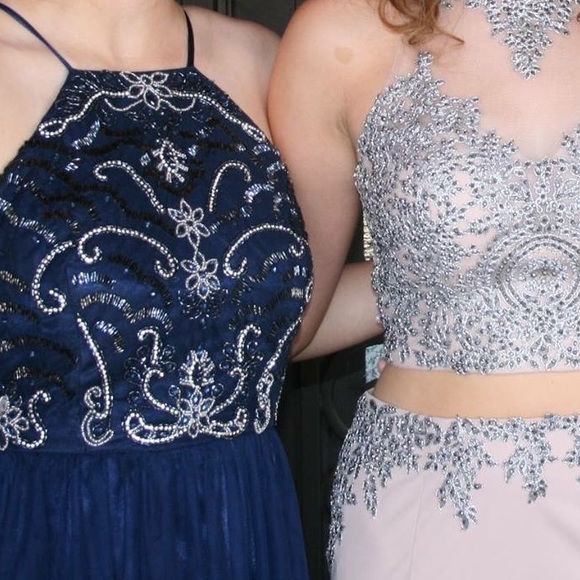 Navy Open Back Prom Dress - Picture 2 of 5