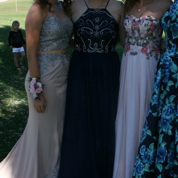 Navy Open Back Prom Dress - Picture 3 of 5