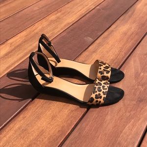 J Crew animal print/black low wedge sandals, sz7