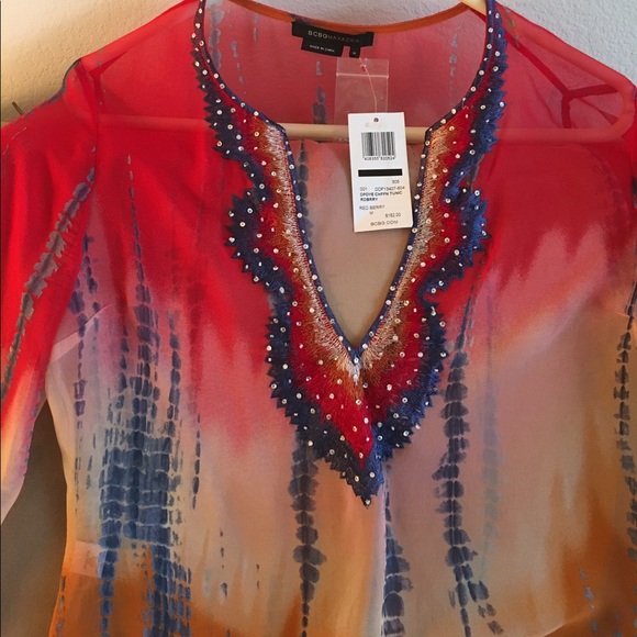 Tunic top, pretty variegated color, neck beading - Picture 2 of 2