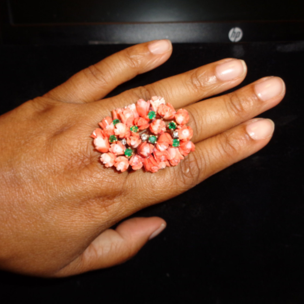 Coral Ring  14k Gold, Emeralds and Diamonds