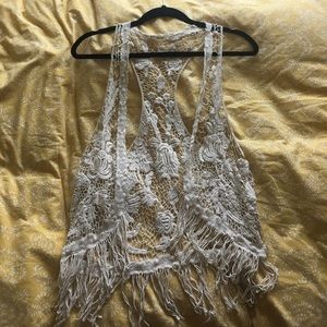 Off-white floral/fringe vest