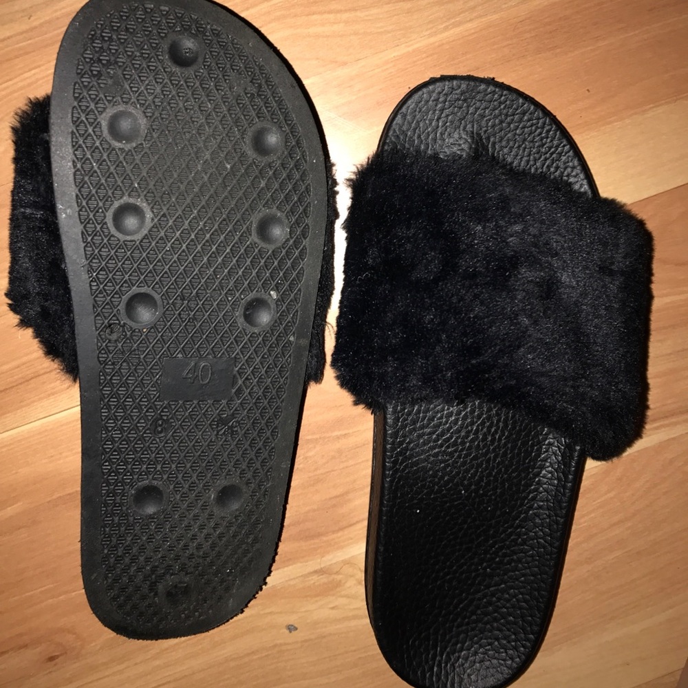 Black fur cutest slides ever no name slip ons hot