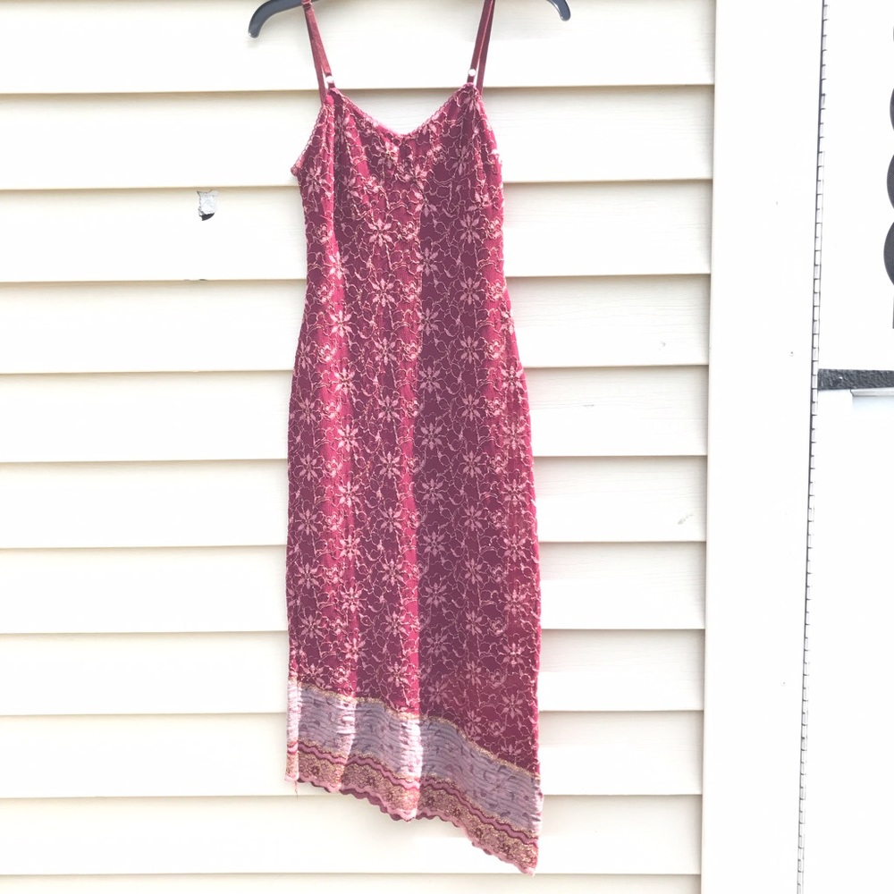 Vintage Dress Gold Maroon 90s Asymmetrical Floral