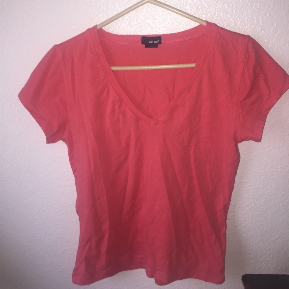 peach v-neck shirt