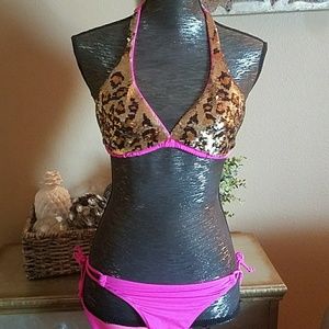 Victoria's Secret Leopard Sequin Pink Bikini Small