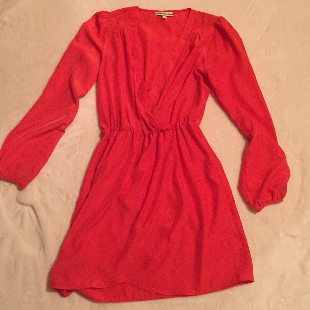 Orange/red long sleep wrap style dress