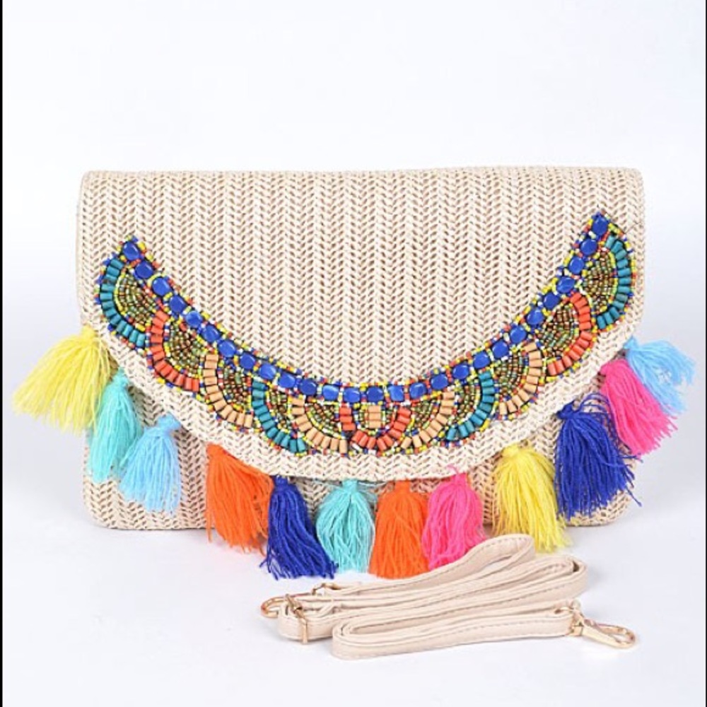 Straw Clutch Handbag with Color Tassels