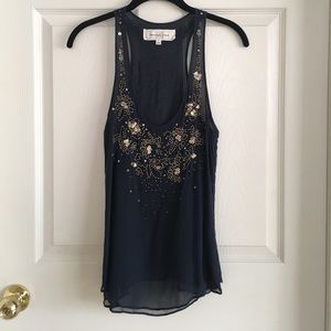 Navy, Sheer, & Gold Beaded (100% Silk) Flowy Tank!