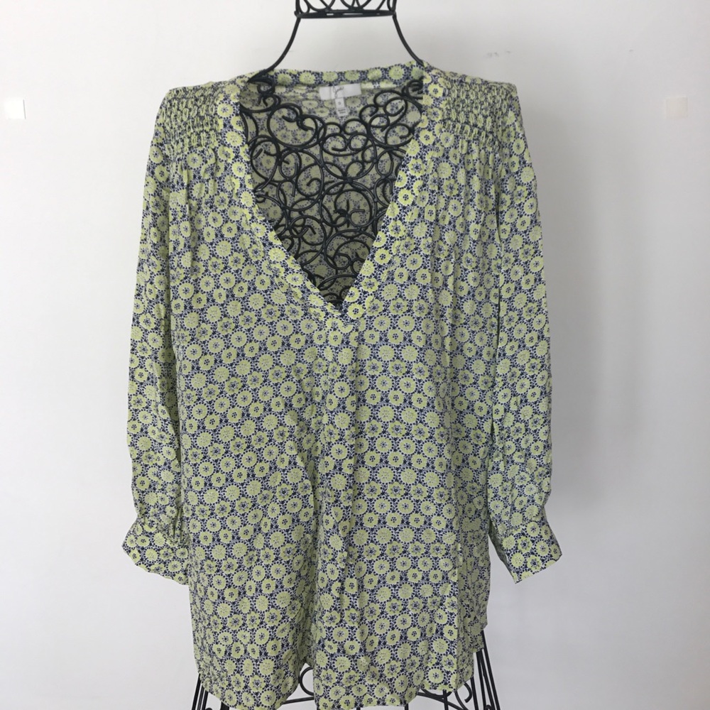 Joie Lime Green and Blue blouse with long V neck