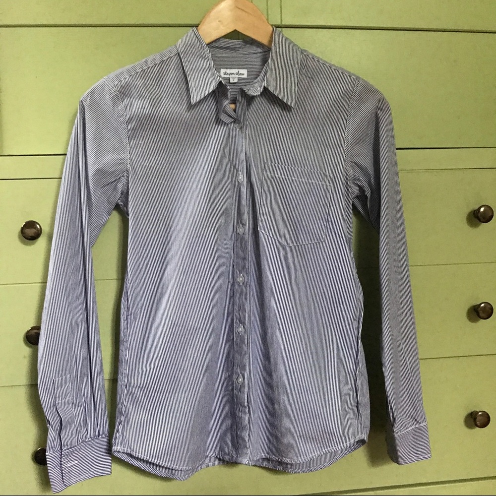 Steven Alan Navy &White Striped Reverse Seam Shirt