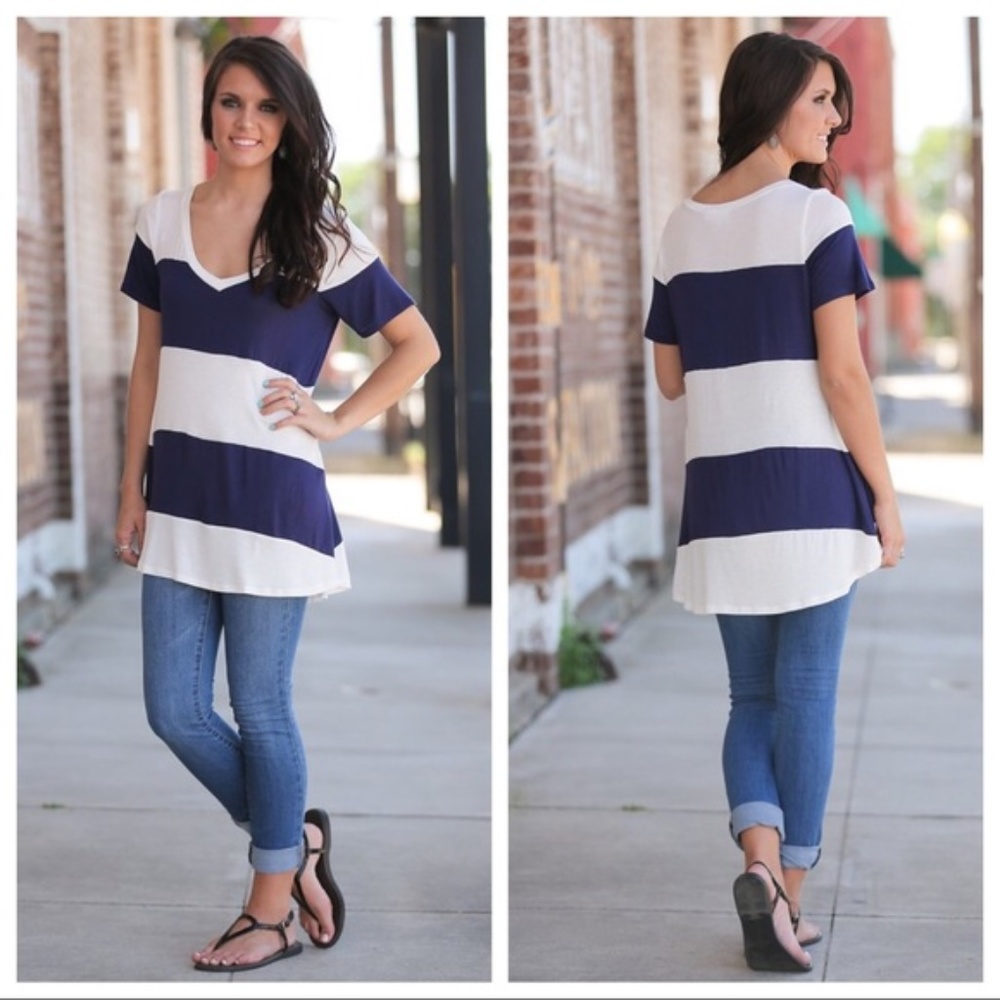 Navy & White Striped V-Neck Tunic