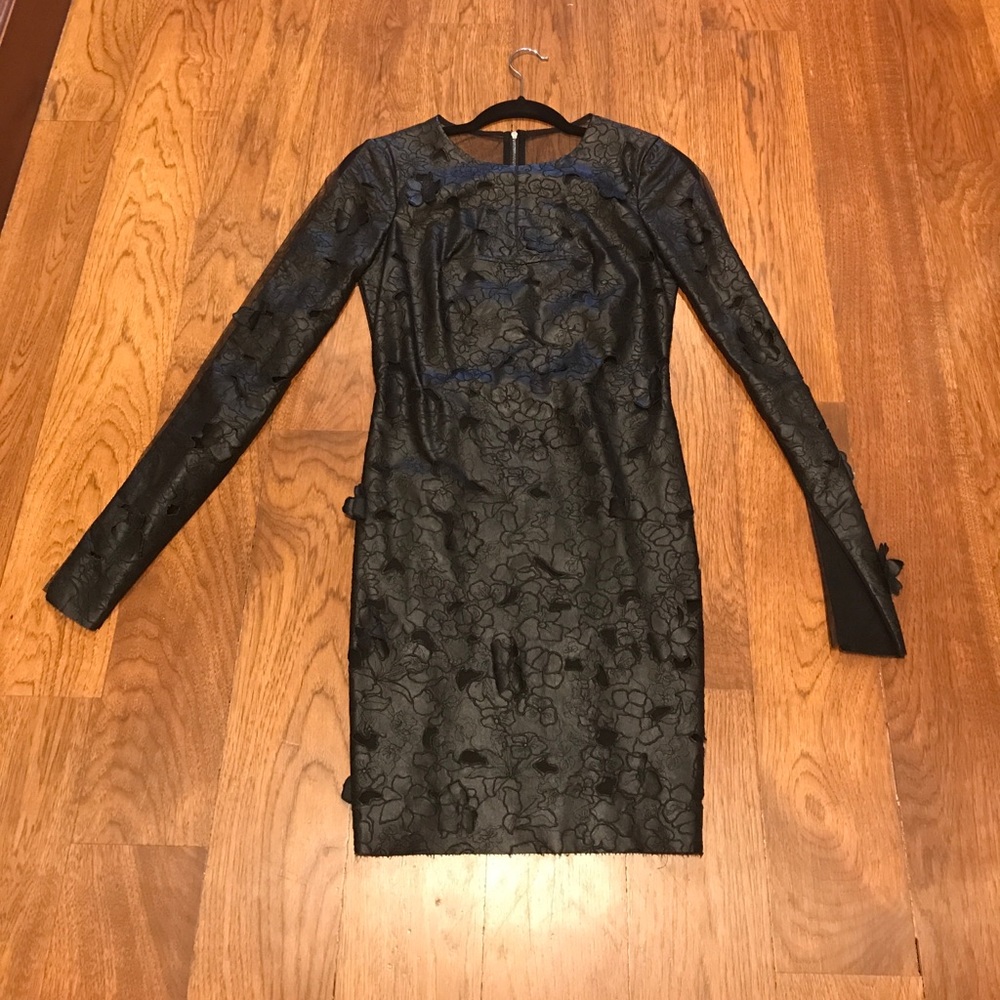Black leather and sheer lace cocktail dress