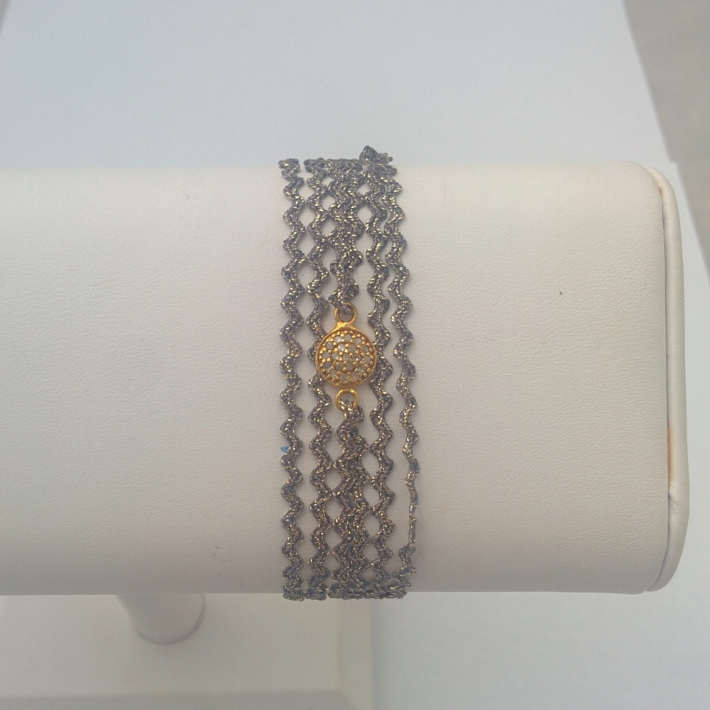 Gold Diamond Center & Double Ribbon Wrap Bracelet