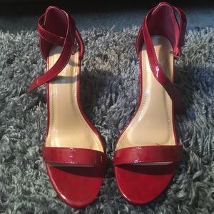 Red patent leather open toe heel sandal