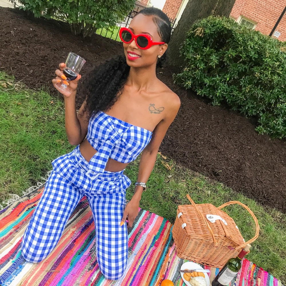 Gingham Bandeau Top & High Waisted Pants Set