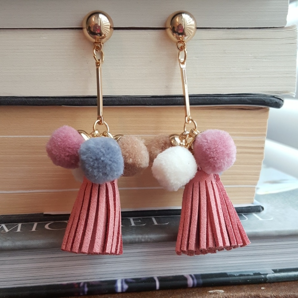 Pink tassel with pom pom earrings