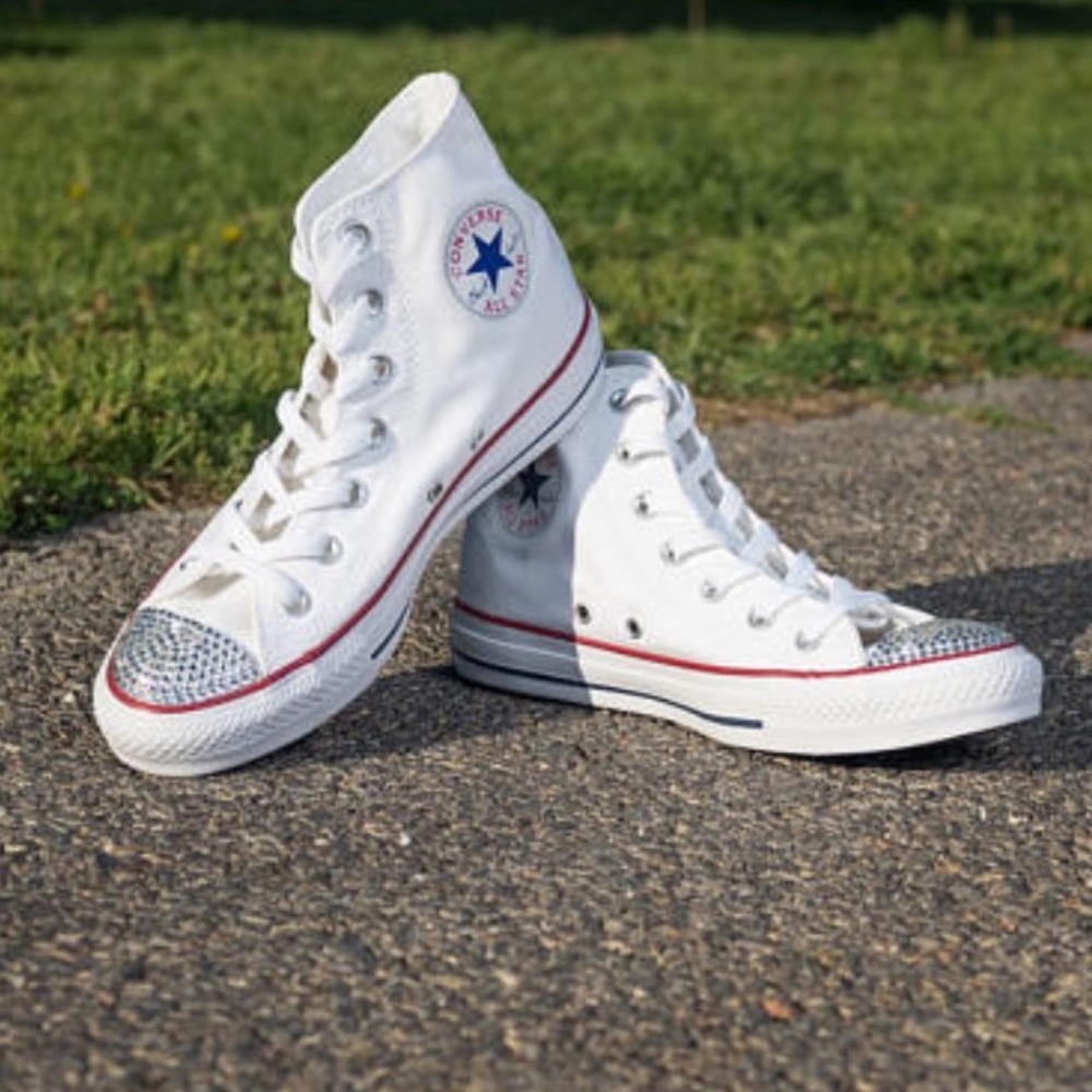 White Converse Hi Tops w/ Bling Swarovski Crystals