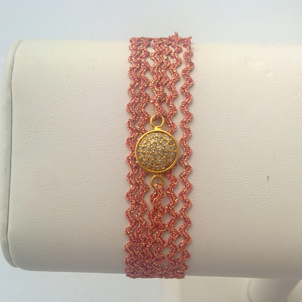 Gold Diamond Center & Double Ribbon Wrap Bracelet