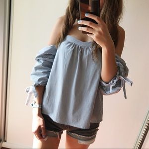 1 Left in L: Blu/Wh Bustier Stripe Ruffle Blouse