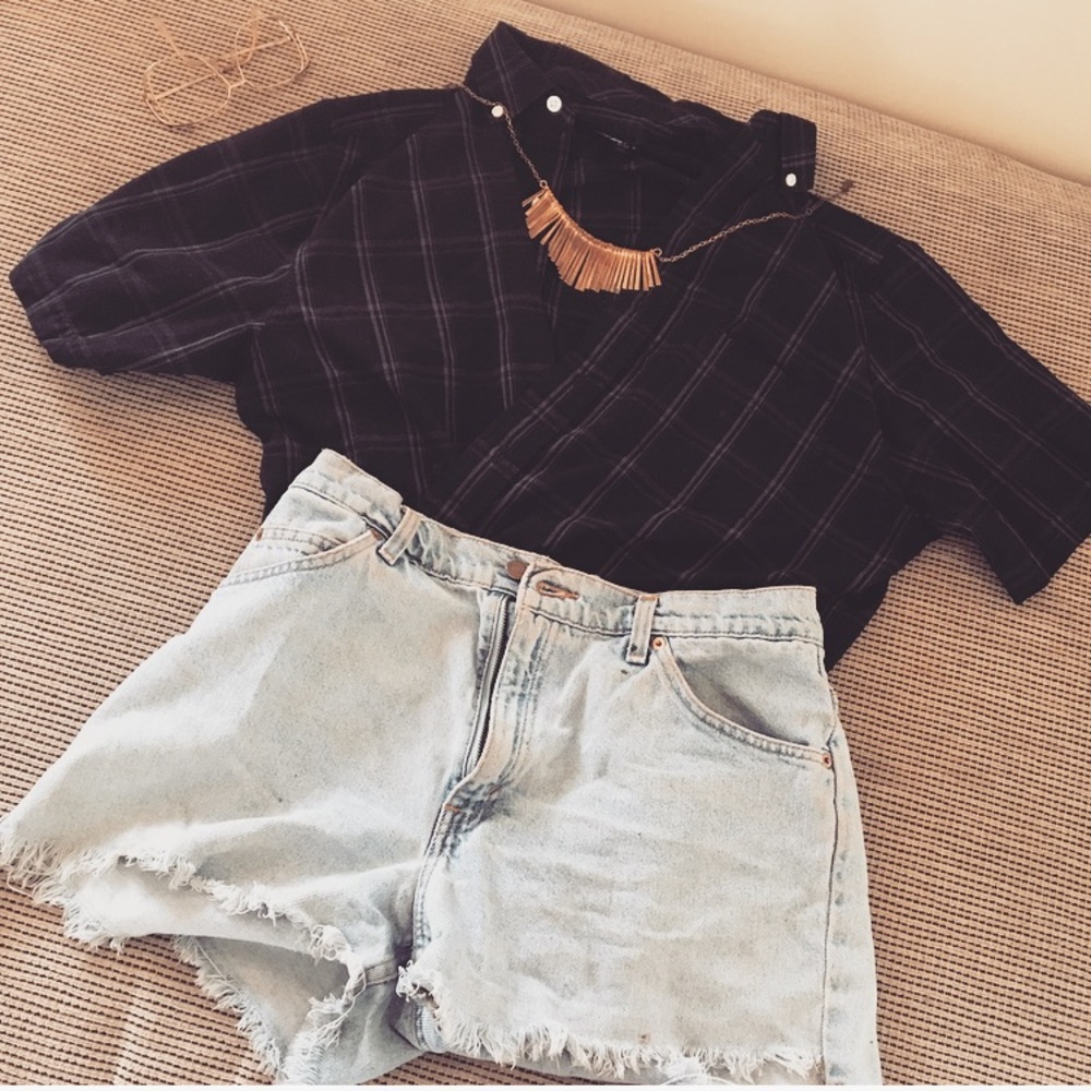 Button up black plaid shirt