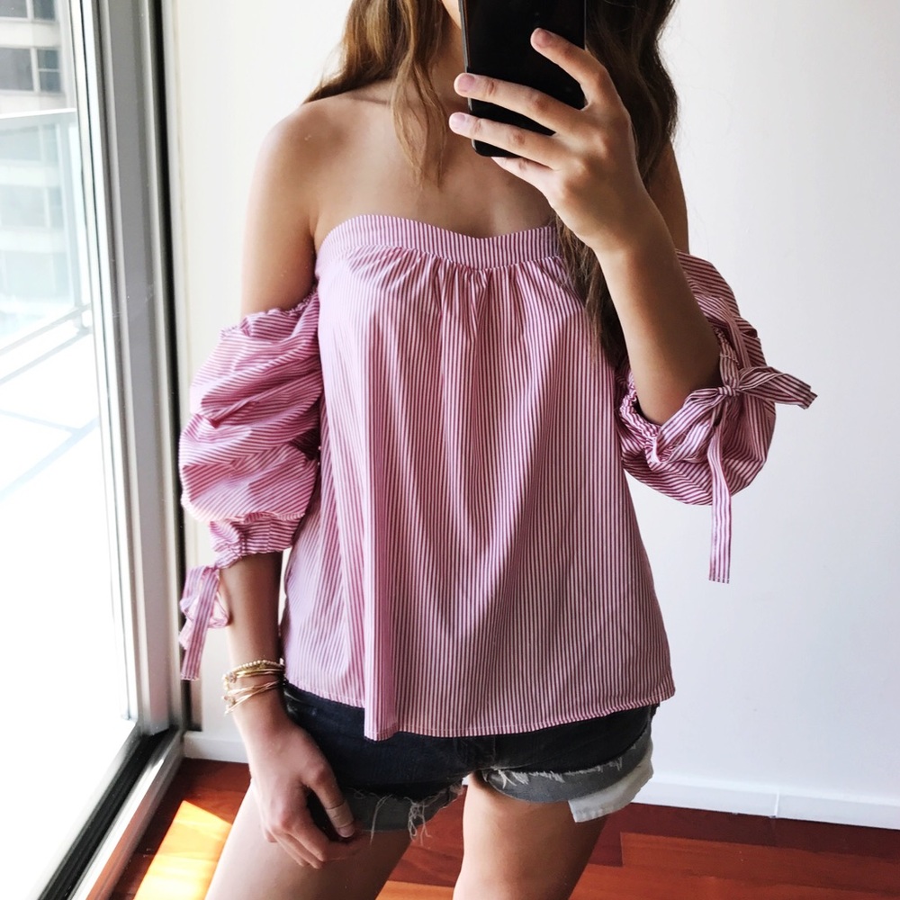 Red/White Bustier Striped Ruffle Blouse