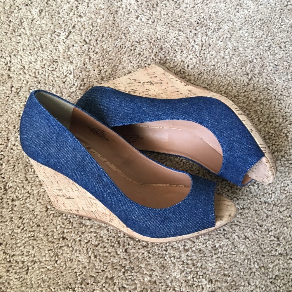 NWOT Denim Blue Peep Toe Wedges