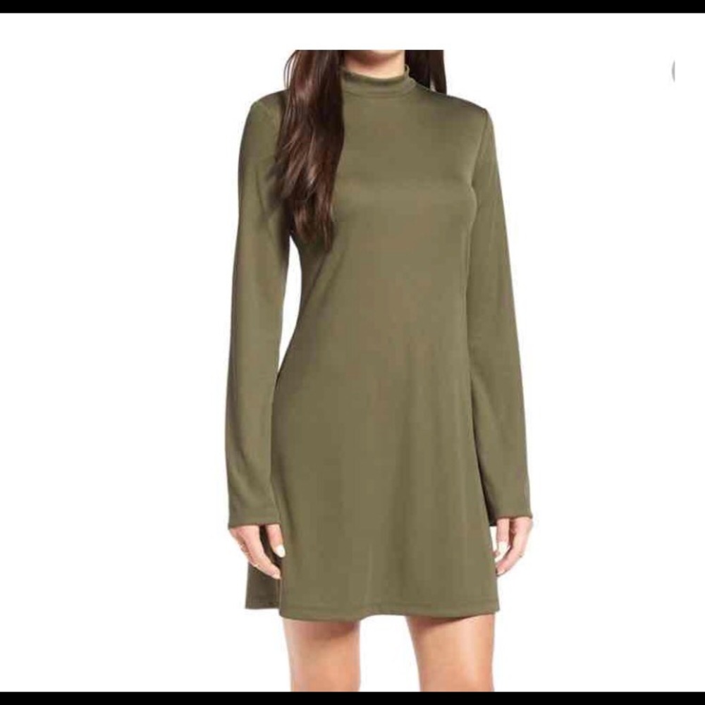 Leith Olive Ribbed Mock-Neck Back Zip Dress