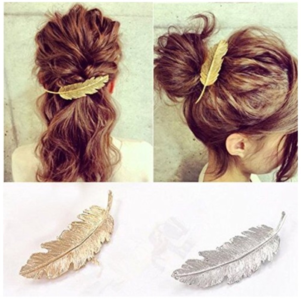 Silver Leaf Feather BOHO Hair Clip