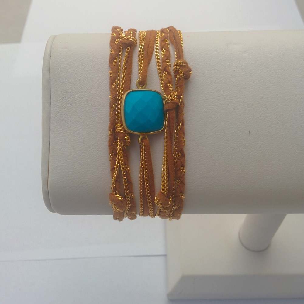 Turquoise Center & Gold Chain Wrap Bracelet