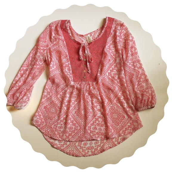 Faded Glory Tops - Coral Tunic Tribal Print Top with Lace
