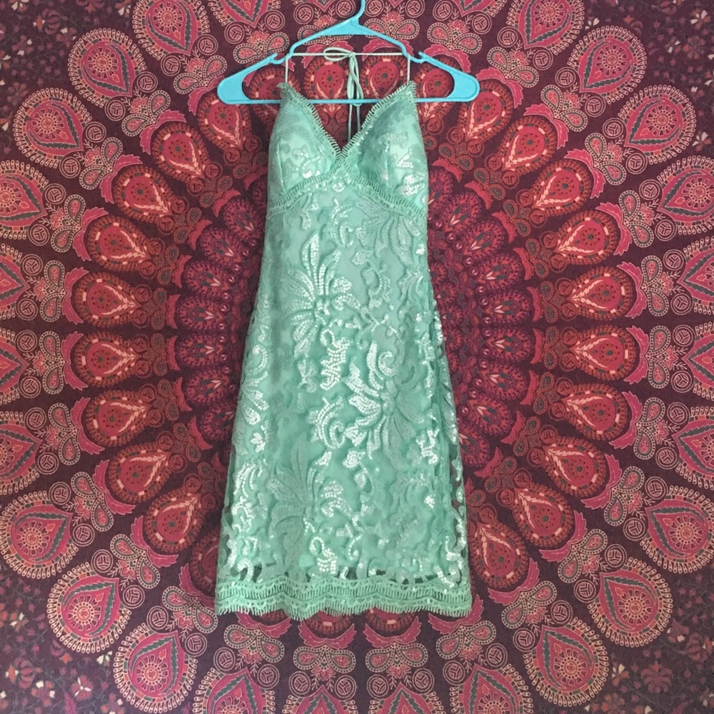 Open Back Teal Spaghetti Strap Tie Dress