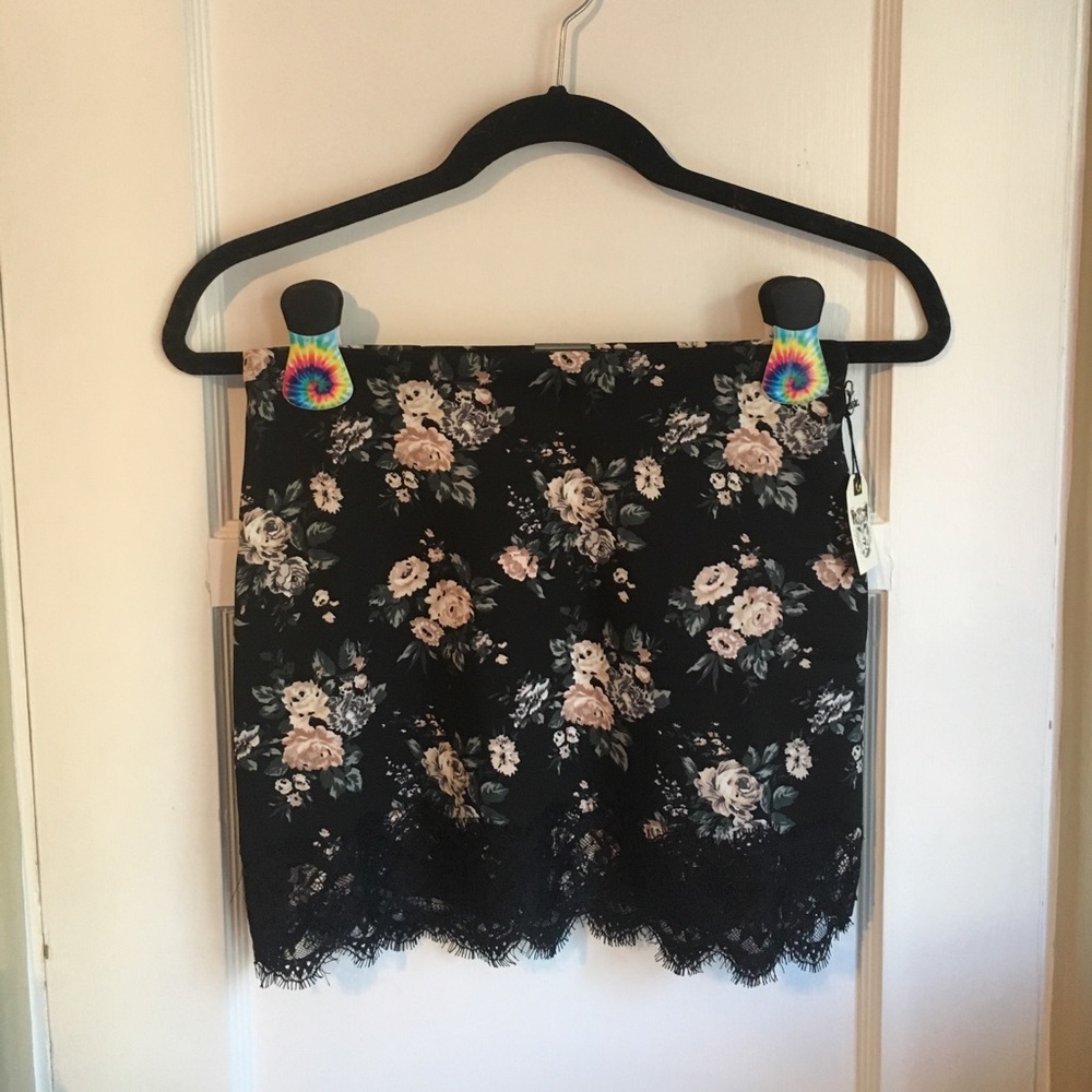 Black Floral Mini Skirt with Lace Hem- Never Worn
