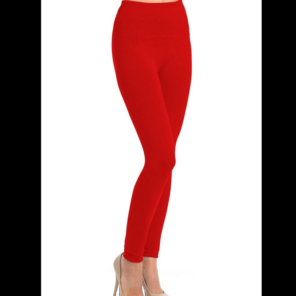 Women's Red High Waisted Fleece Lined Leggings