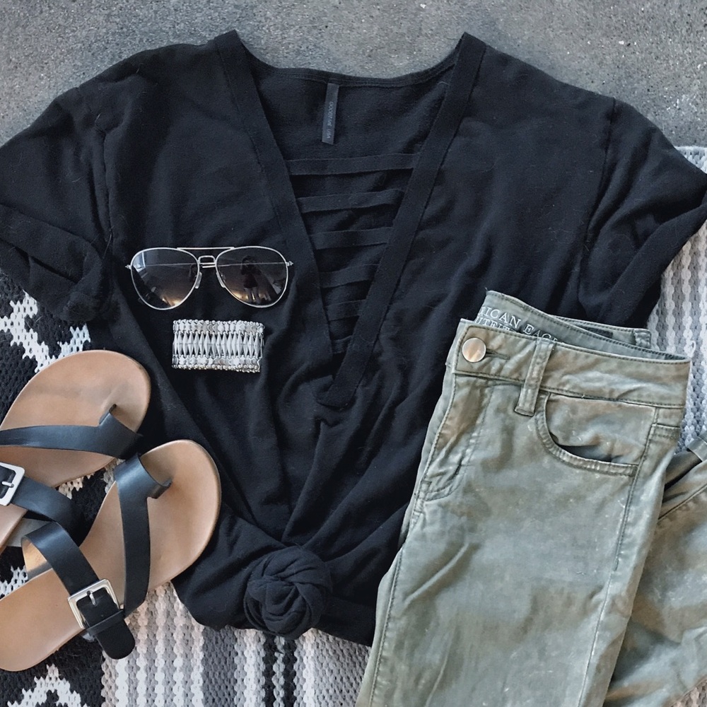 Tie-crop deep v-neck oversized t-shirt
