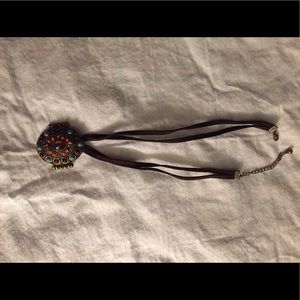 Brown suede necklace w/turquoise jeweled plate