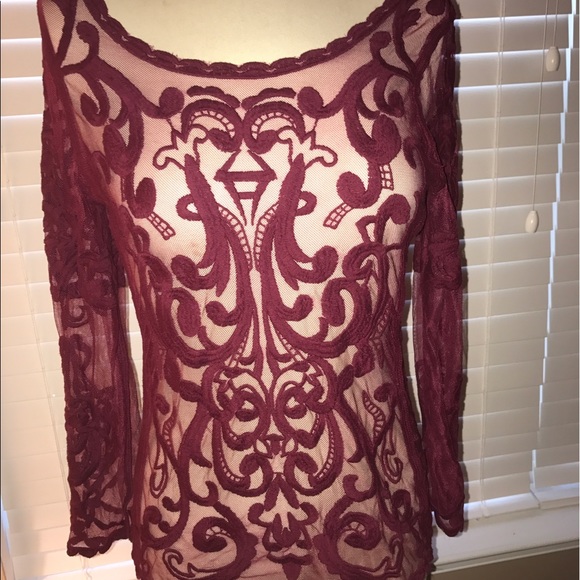 Burgundy long sleeve embroidered mesh top. BNWOT. - Picture 2 of 4